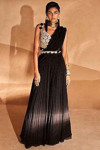 Black Georgette Pre-Stitched Palazzo Pant Saree Set by Bhumika Sharma