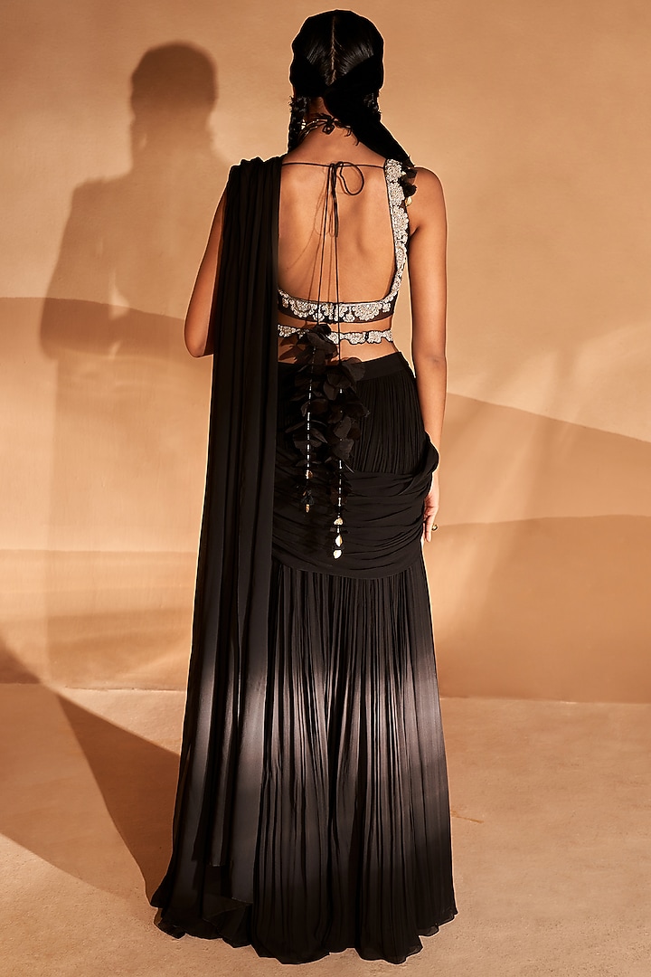 Black Georgette Pre-Stitched Palazzo Pant Reception Saree Set by Bhumika Sharma at Pernia's Pop Up Shop