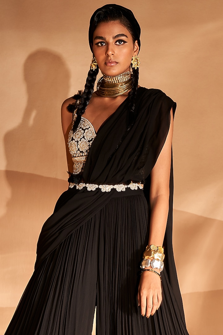 Black Georgette Pre-Stitched Palazzo Pant Reception Saree Set by Bhumika Sharma at Pernia's Pop Up Shop