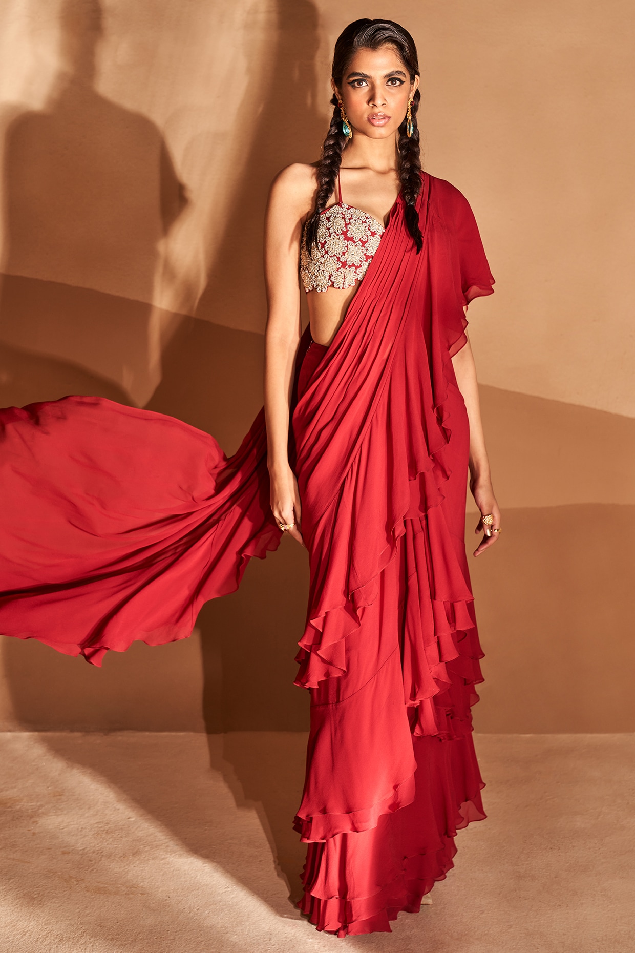 Red Solid Organza Frill Saree