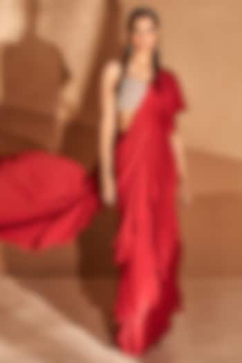 Red Georgette Ruffle Saree Set by Bhumika Sharma