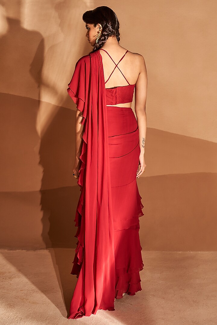 Red Georgette Ruffle Wedding Saree Set by Bhumika Sharma at Pernia's Pop Up Shop