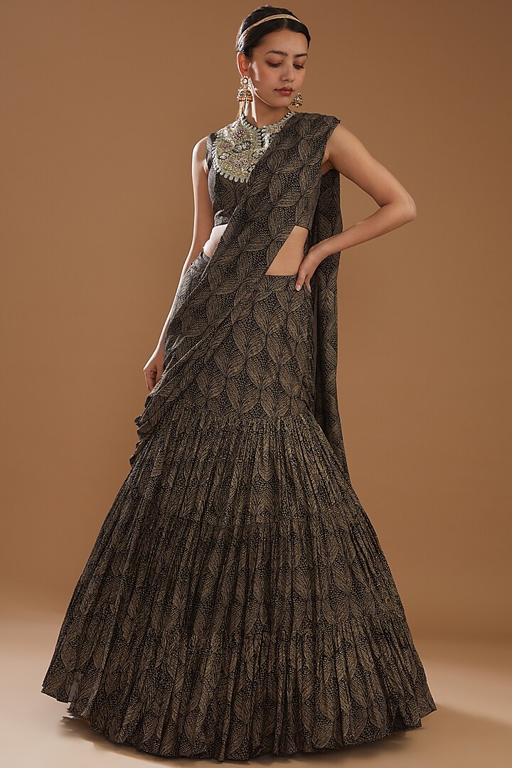 Black Georgette Printed Pre-Stitched Saree Set by Bhumika Sharma