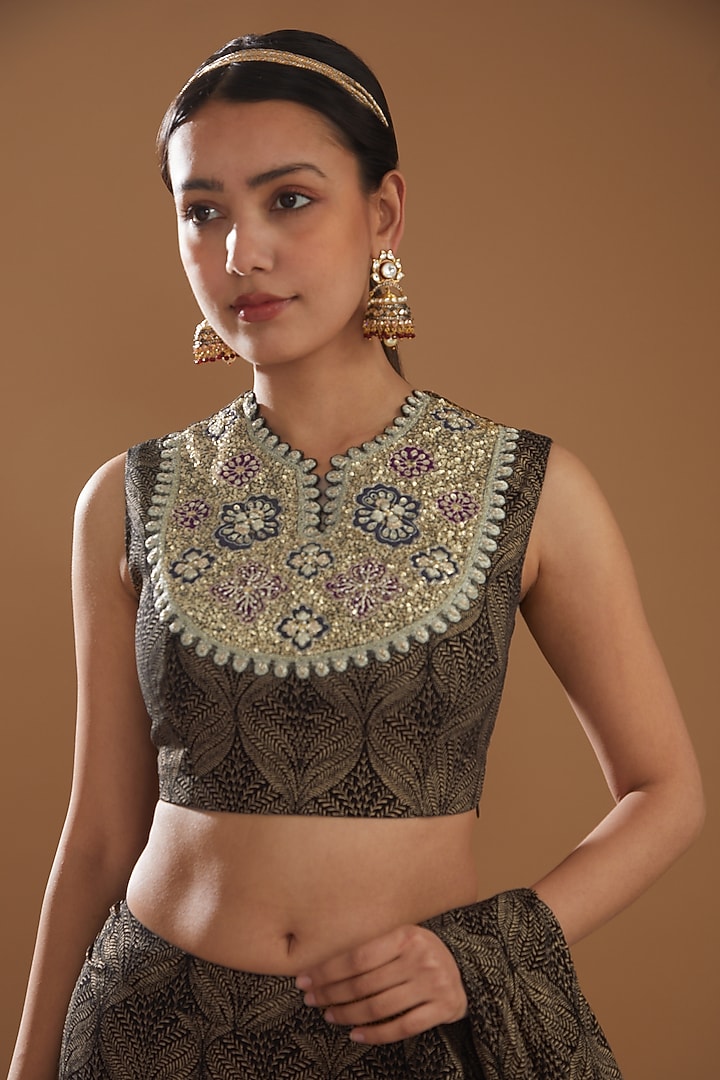 Black Georgette Banarasi Printed Pre-Stitched Saree Set by Bhumika Sharma at Pernia's Pop Up Shop