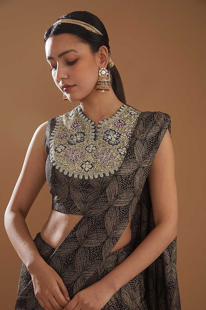 Black Georgette Banarasi Printed Pre-Stitched Saree Set by Bhumika Sharma at Pernia's Pop Up Shop