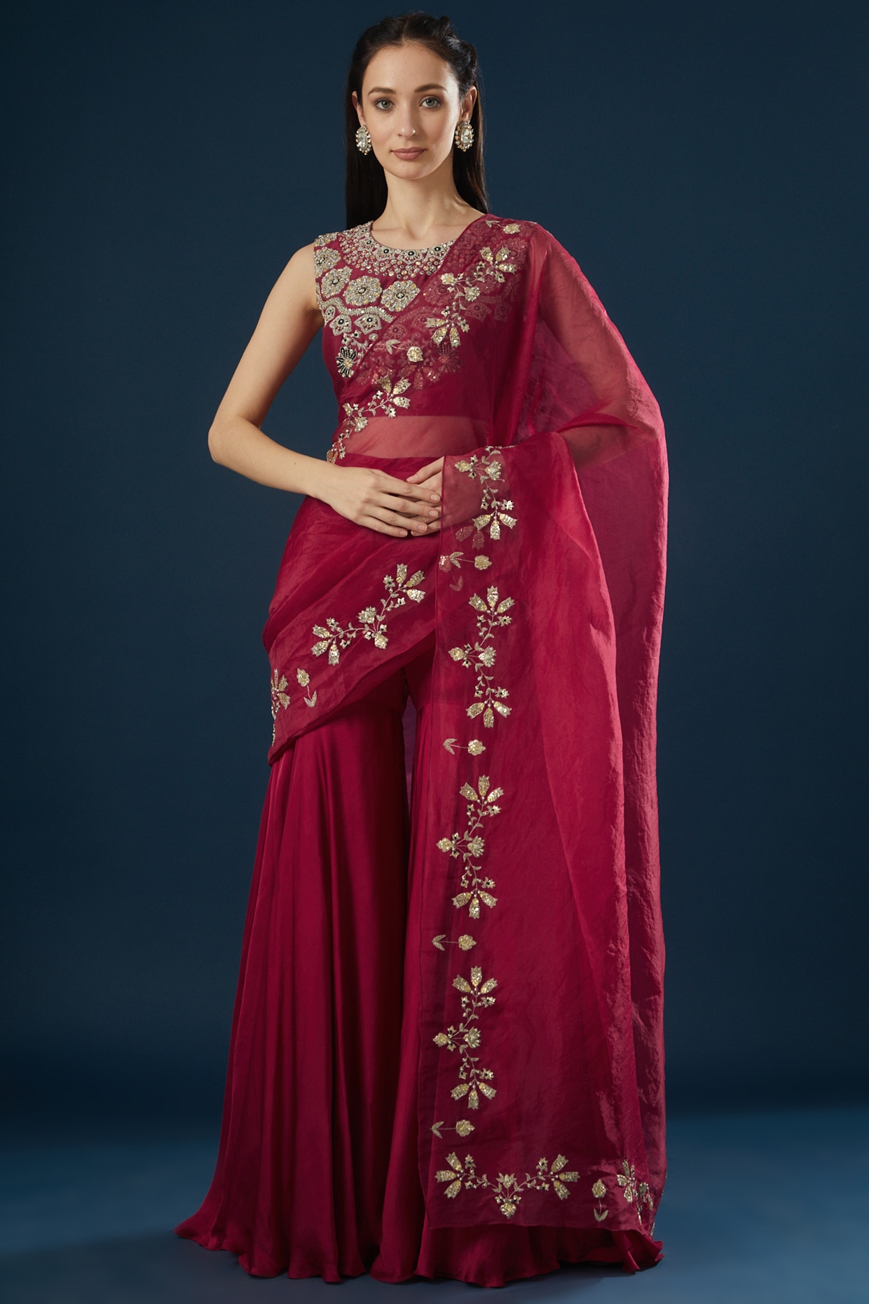 Buy Pink Satin Chanderi And Georgette Floral Palazzo Saree With Blouse For  Women by Adi By Aditya Khandelwl Online at Aza Fashions.