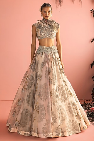 Champagne Organza Lehenga Set by Bhumika Sharma