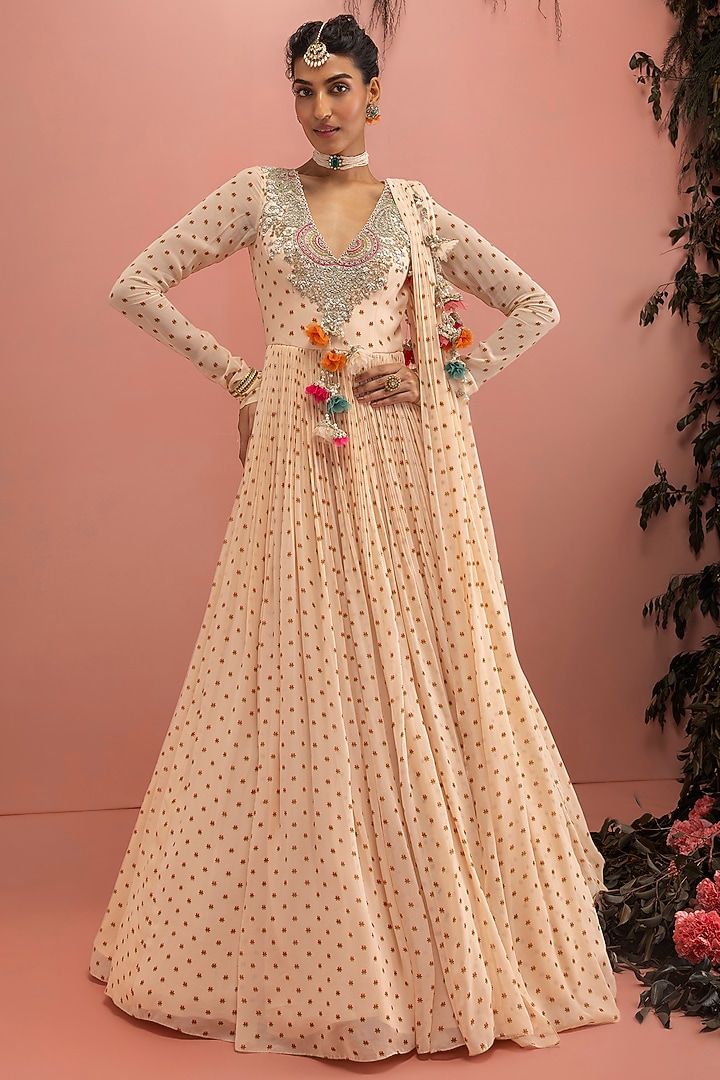 Beige Georgette Floral Embroidered Wedding Anarkali by Bhumika Sharma at Pernia's Pop Up Shop