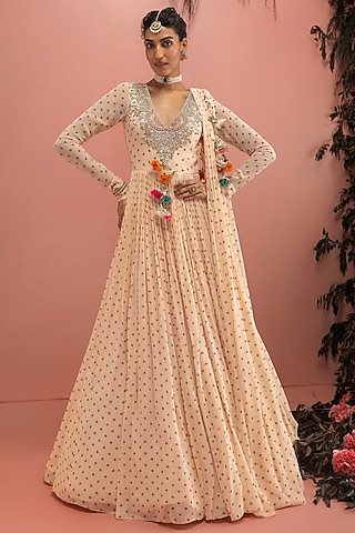 Beige Georgette Floral Embroidered Anarkali by Bhumika Sharma