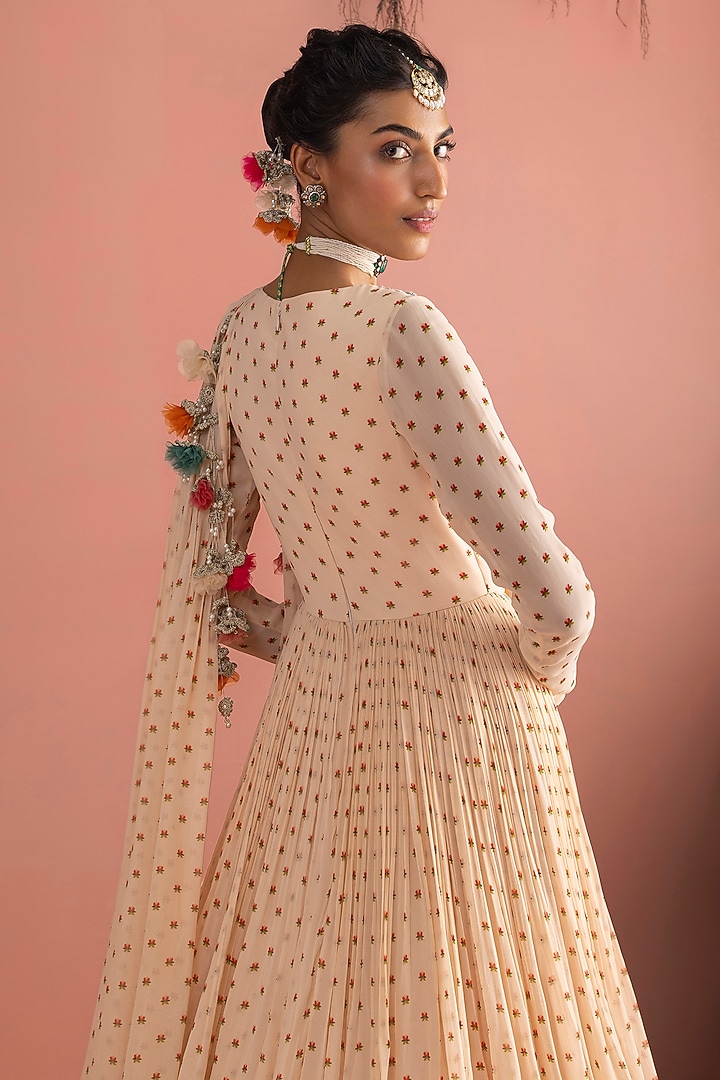 Beige Georgette Floral Embroidered Wedding Anarkali by Bhumika Sharma at Pernia's Pop Up Shop