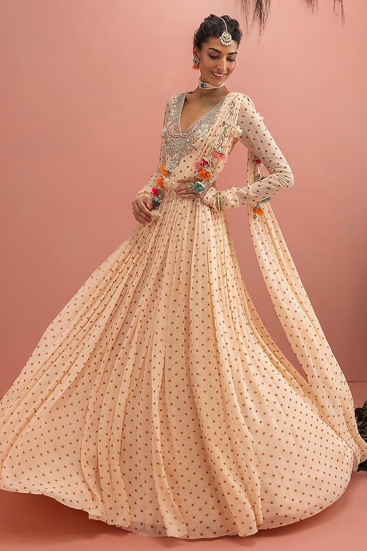 Beige Georgette Floral Embroidered Wedding Anarkali by Bhumika Sharma at Pernia's Pop Up Shop