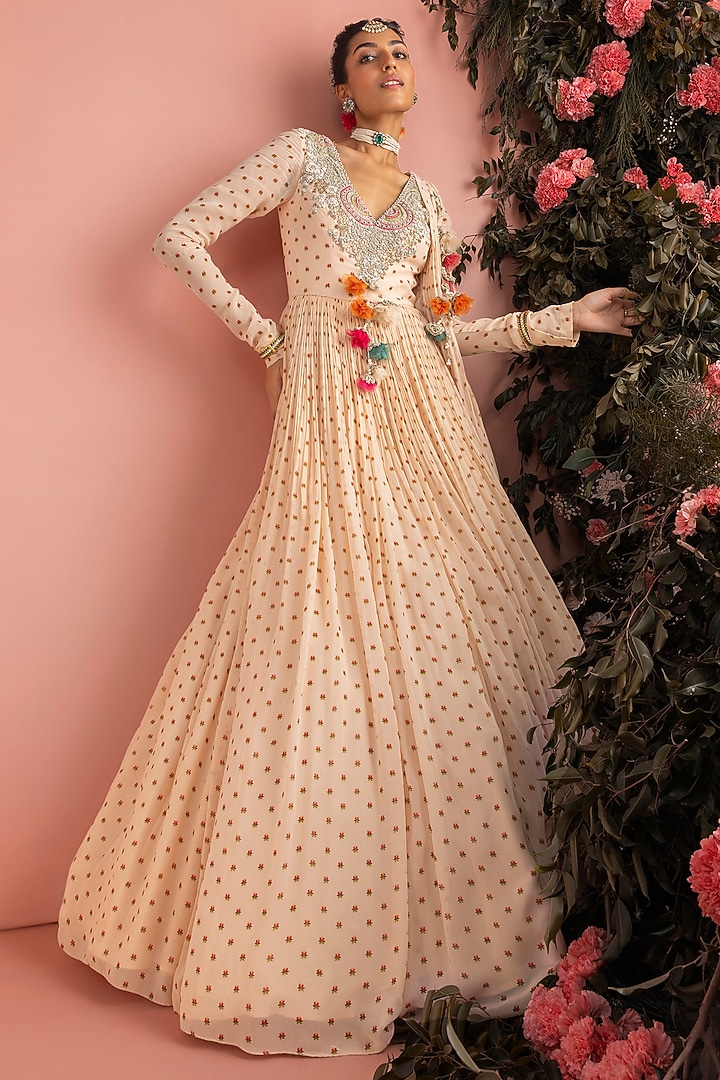 Beige Georgette Floral Embroidered Wedding Anarkali by Bhumika Sharma at Pernia's Pop Up Shop