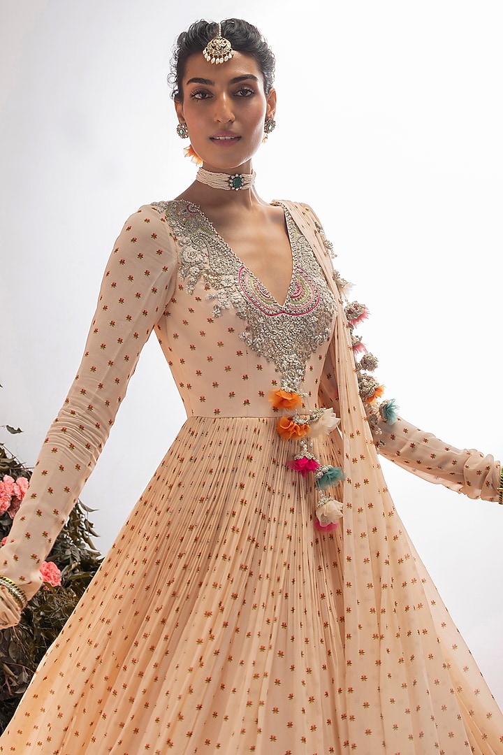 Beige Georgette Floral Embroidered Wedding Anarkali by Bhumika Sharma at Pernia's Pop Up Shop