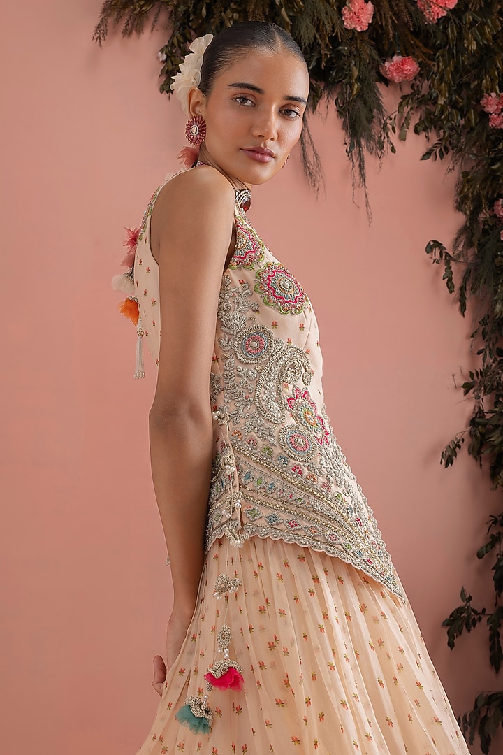 Beige Organza Floral Embroidered Jacket Set by Bhumika Sharma at Pernia's Pop Up Shop