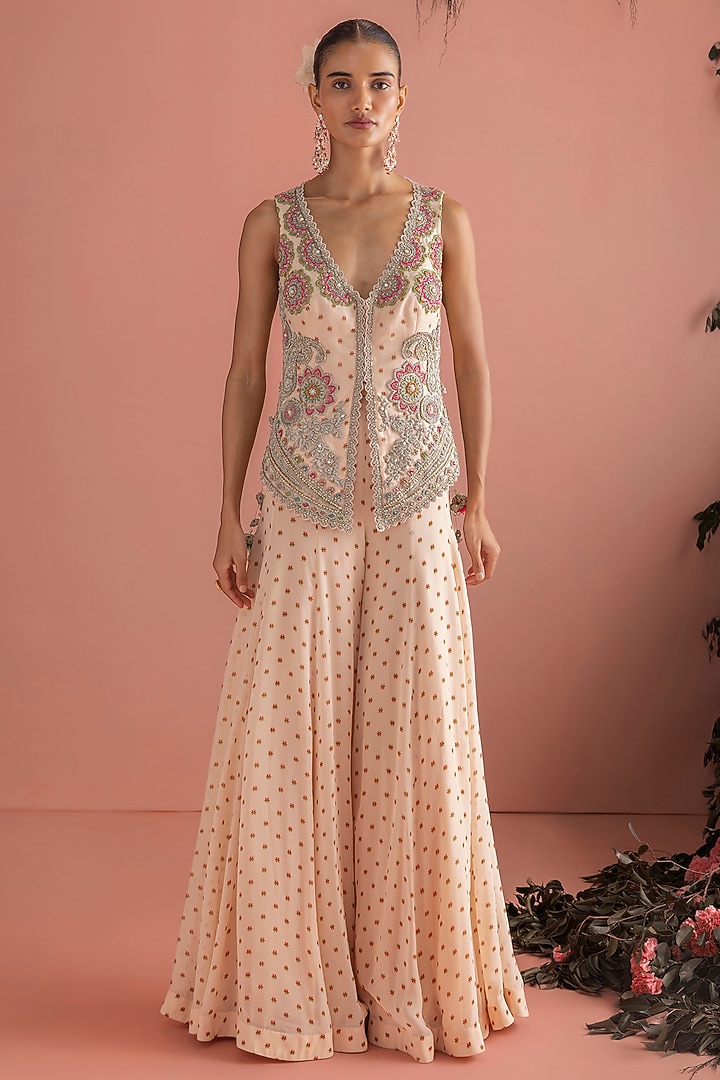 Beige Organza Floral Embroidered Jacket Set by Bhumika Sharma at Pernia's Pop Up Shop