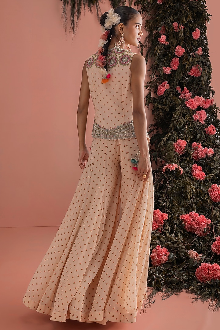 Beige Organza Floral Embroidered Jacket Set by Bhumika Sharma at Pernia's Pop Up Shop