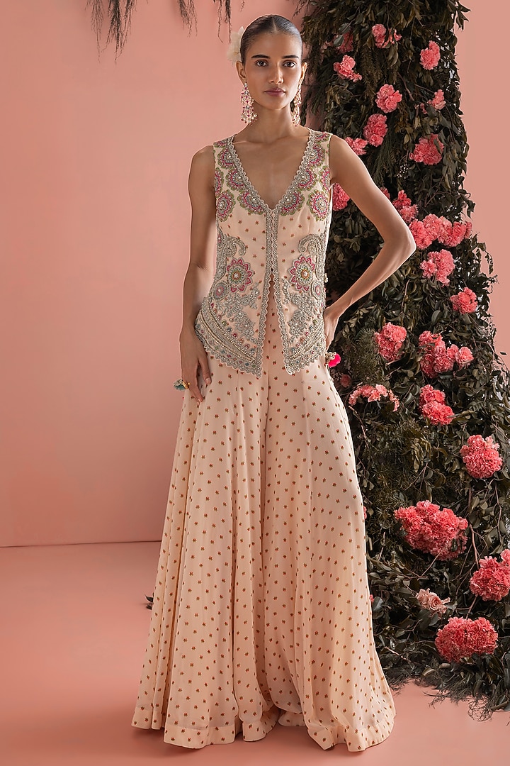 Beige Organza Floral Embroidered Jacket Set by Bhumika Sharma at Pernia's Pop Up Shop