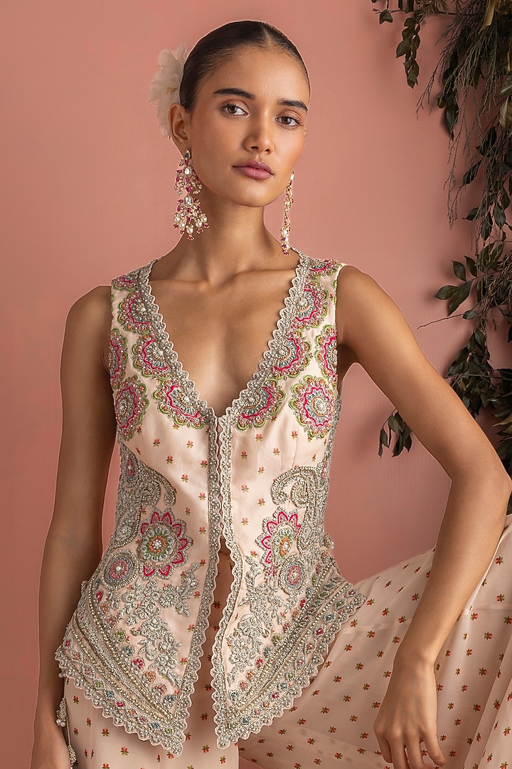 Beige Organza Floral Embroidered Jacket Set by Bhumika Sharma at Pernia's Pop Up Shop