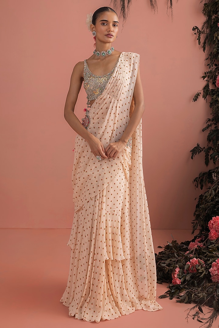 Beige Georgette Pre-Draped Reception Saree Set by Bhumika Sharma at Pernia's Pop Up Shop