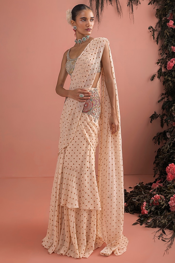 Beige Georgette Pre-Draped Reception Saree Set by Bhumika Sharma at Pernia's Pop Up Shop
