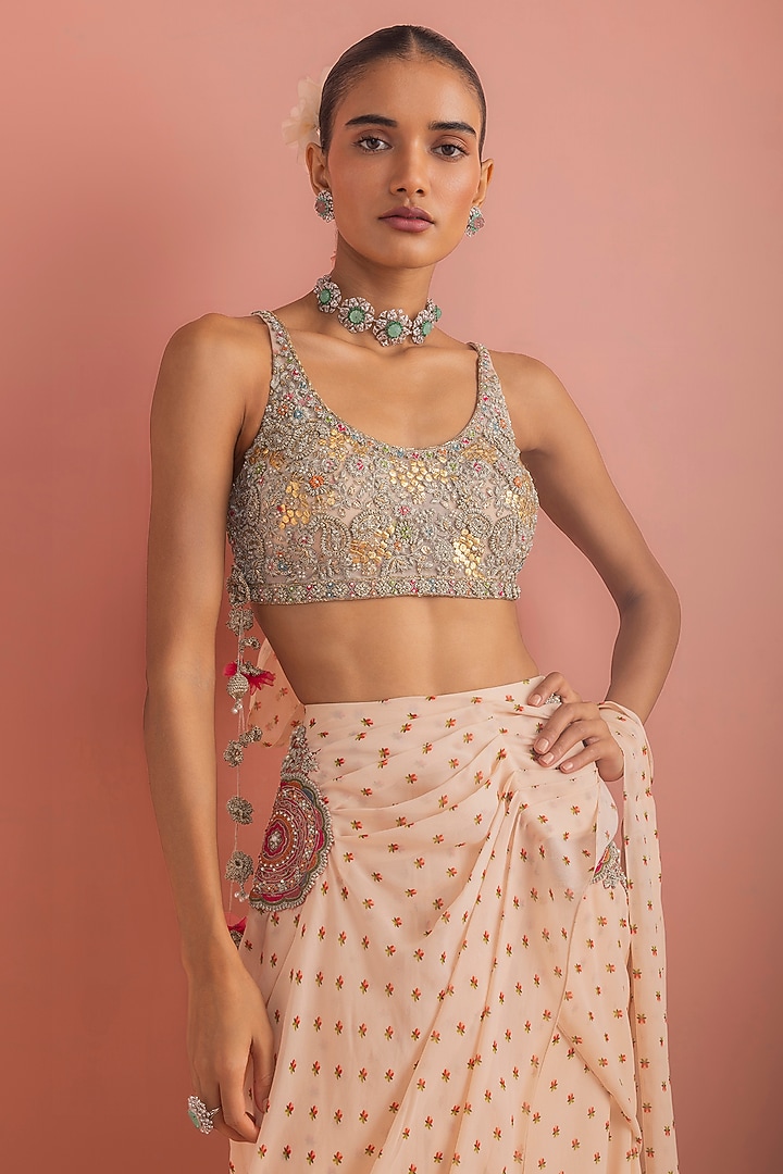 Beige Georgette Pre-Draped Reception Saree Set by Bhumika Sharma at Pernia's Pop Up Shop