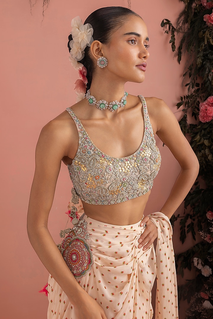 Beige Georgette Pre-Draped Reception Saree Set by Bhumika Sharma at Pernia's Pop Up Shop