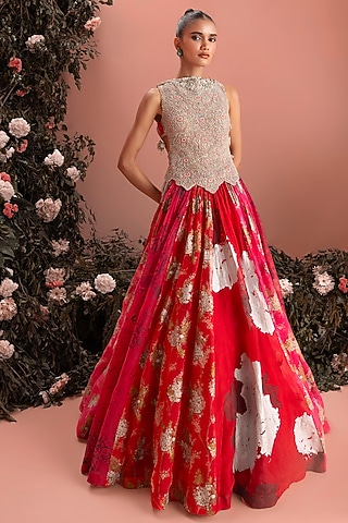 Red Organza Embroidered Anarkali by Bhumika Sharma