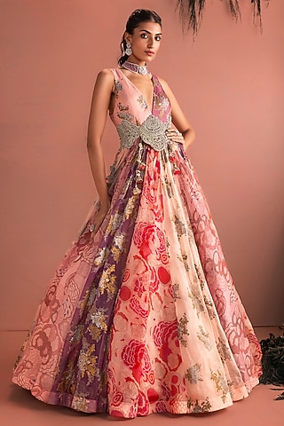 Blush Pink Organza Printed & Embroidered Anarkali by Bhumika Sharma