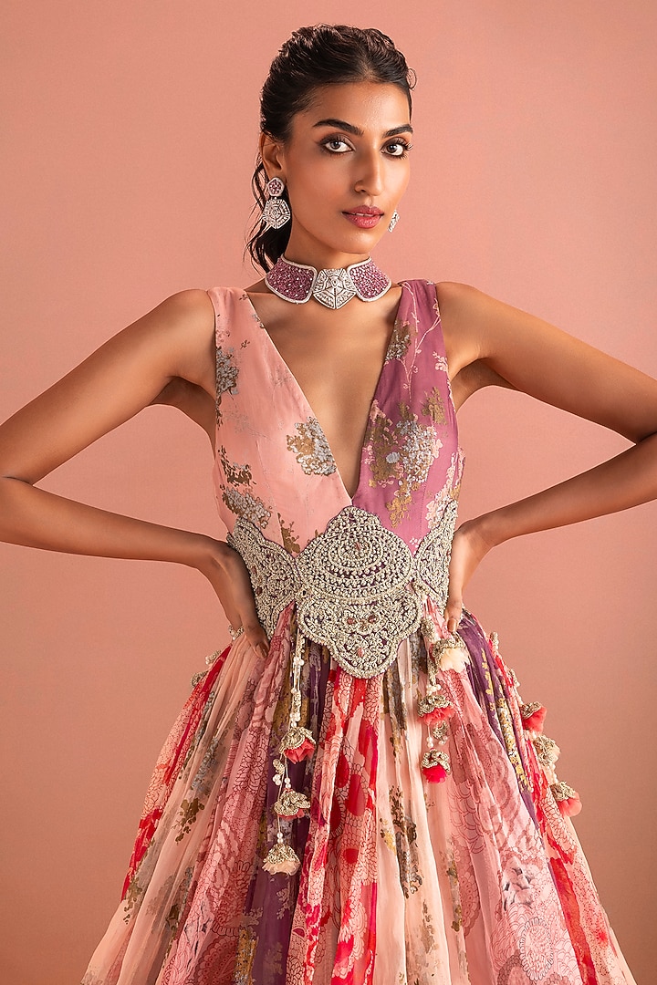 Blush Pink Organza Printed & Embroidered Bridal Anarkali by Bhumika Sharma at Pernia's Pop Up Shop