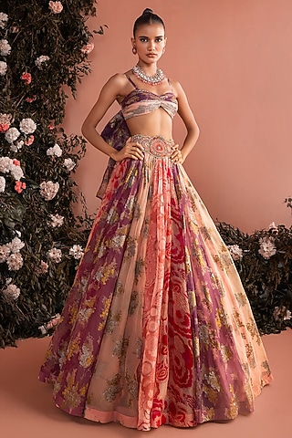 Blush Pink Organza Printed Lehenga Set by Bhumika Sharma