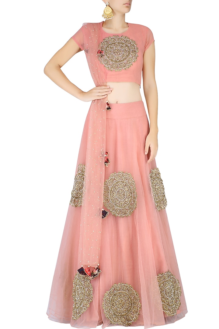 Pink circular motifs embroidered lehenga set available only at Pernia's Pop Up Shop.