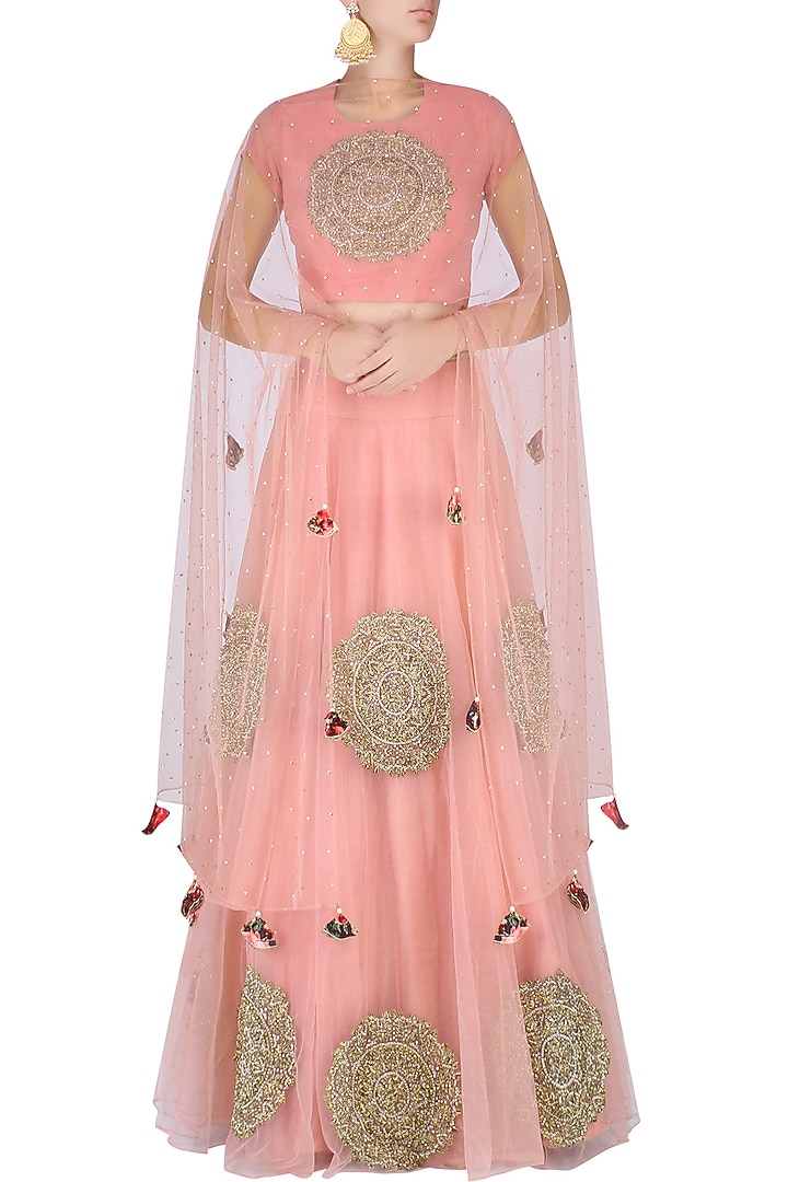 Pink circular motifs embroidered lehenga set available only at Pernia's Pop Up Shop.
