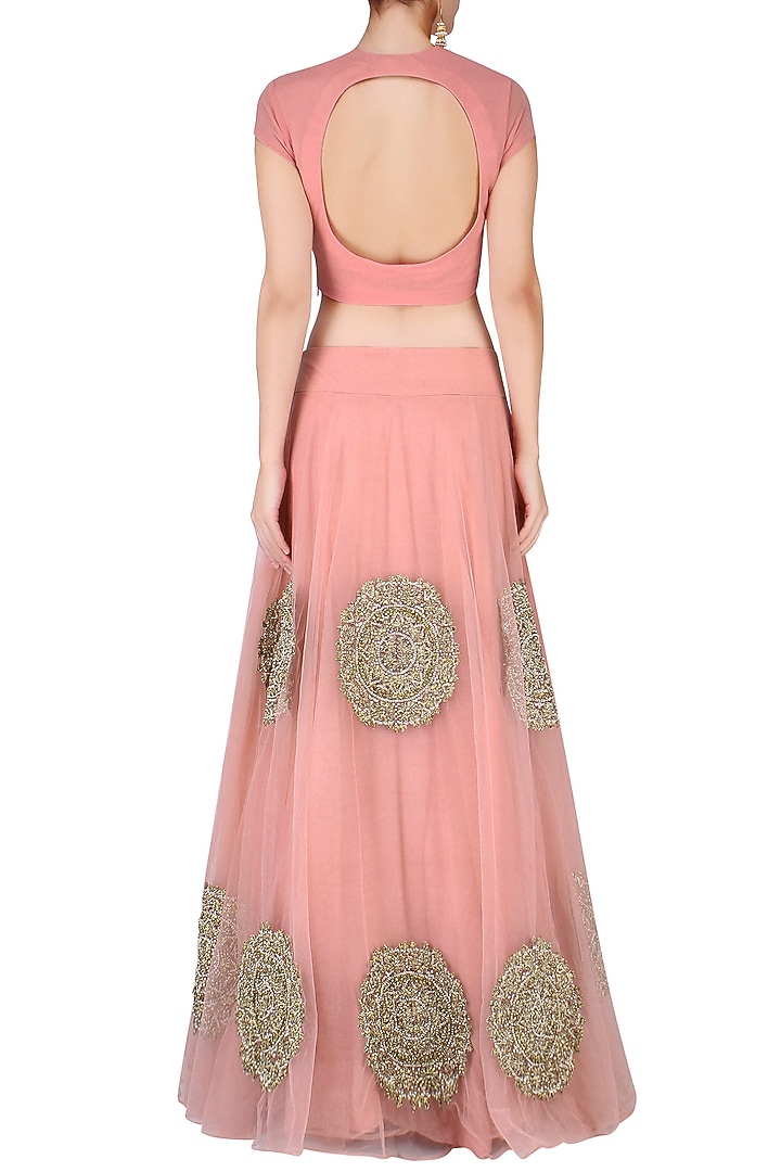 Pink circular motifs embroidered lehenga set available only at Pernia's Pop Up Shop.