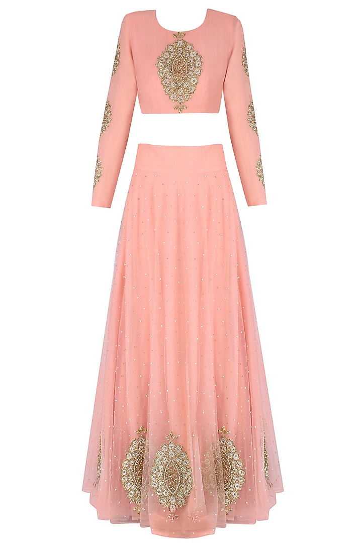 Pink paisley motifs embroidered lehenga set available only at Pernia's Pop Up Shop.