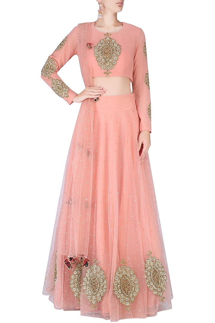 Pink paisley motifs embroidered lehenga set available only at Pernia's Pop Up Shop.