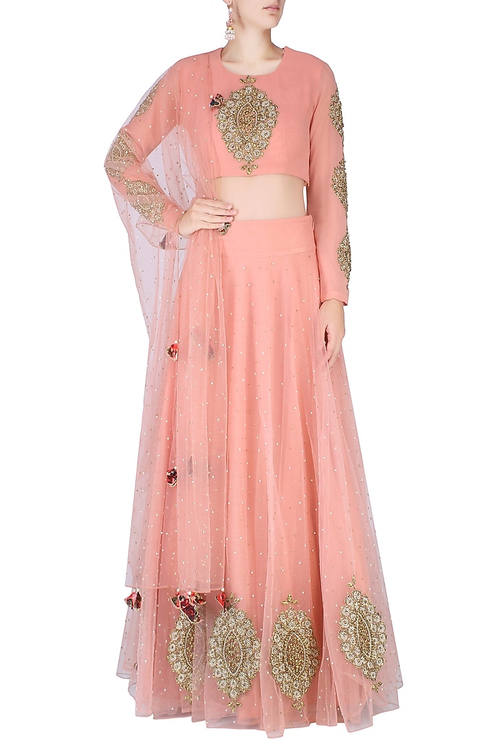 Pink paisley motifs embroidered lehenga set available only at Pernia's Pop Up Shop.