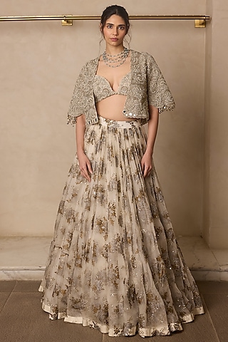 Ivory Organza & Net Printed Lehenga Set by Bhumika Sharma