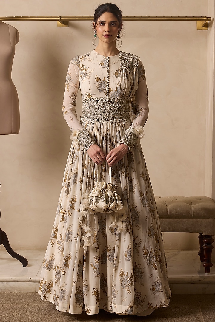 Ivory Georgette Printed Bridal Anarkali With Belt by Bhumika Sharma at Pernia's Pop Up Shop