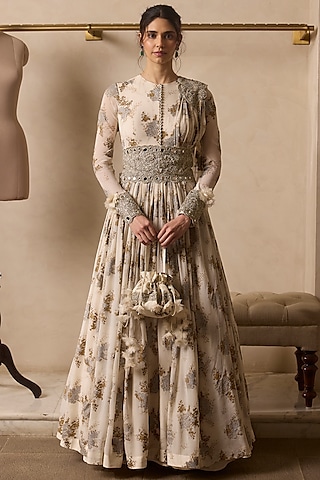 Ivory Georgette Printed Anarkali With Belt by Bhumika Sharma