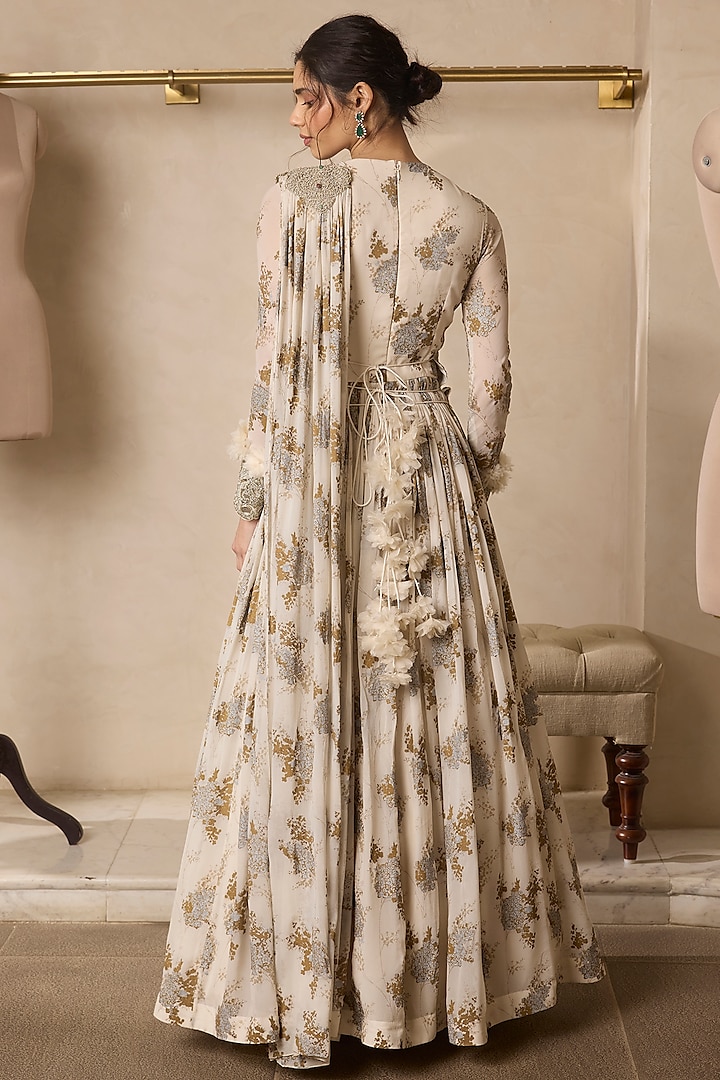 Ivory Georgette Printed Bridal Anarkali With Belt by Bhumika Sharma at Pernia's Pop Up Shop