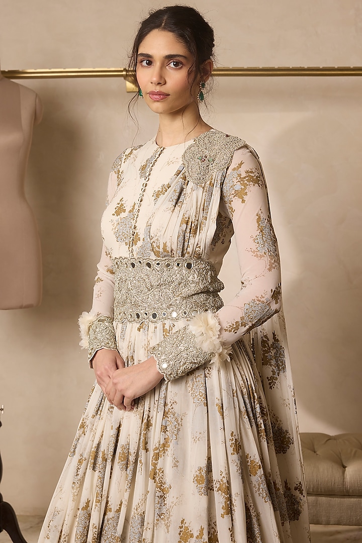 Ivory Georgette Printed Bridal Anarkali With Belt by Bhumika Sharma at Pernia's Pop Up Shop