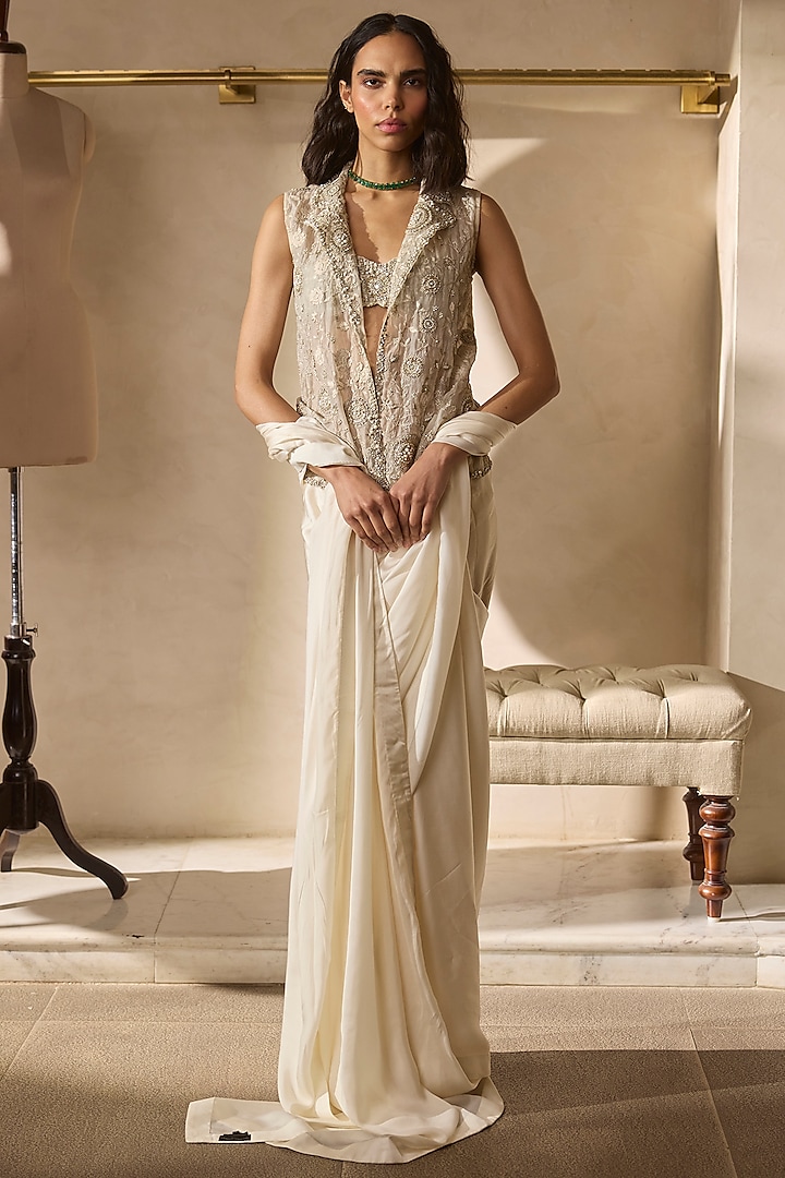 Ivory Satin Silk & Organza Jacket Reception Saree Set by Bhumika Sharma at Pernia's Pop Up Shop