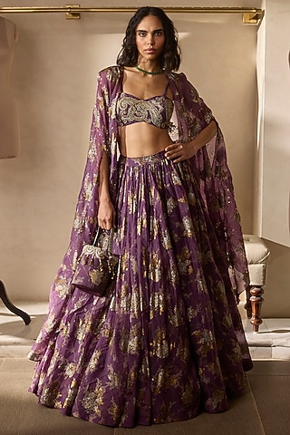 Plum Organza & Net Printed Jacket Lehenga Set by Bhumika Sharma