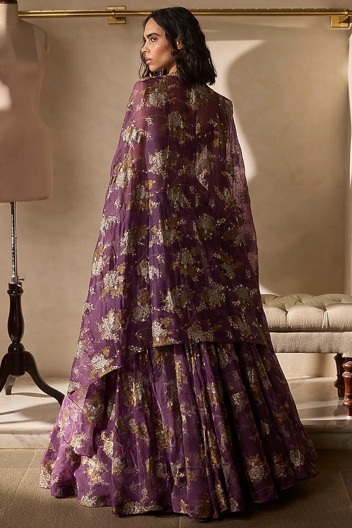 Plum Organza & Net Printed Jacket Wedding Lehenga Set by Bhumika Sharma at Pernia's Pop Up Shop