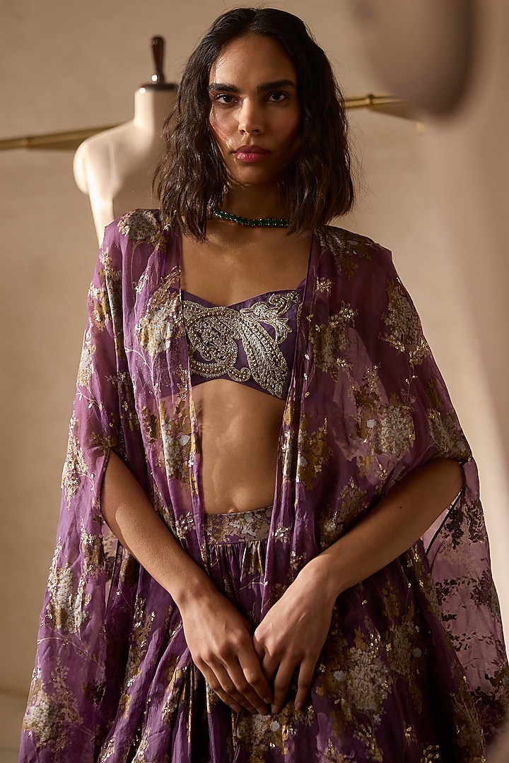 Plum Organza & Net Printed Jacket Wedding Lehenga Set by Bhumika Sharma at Pernia's Pop Up Shop