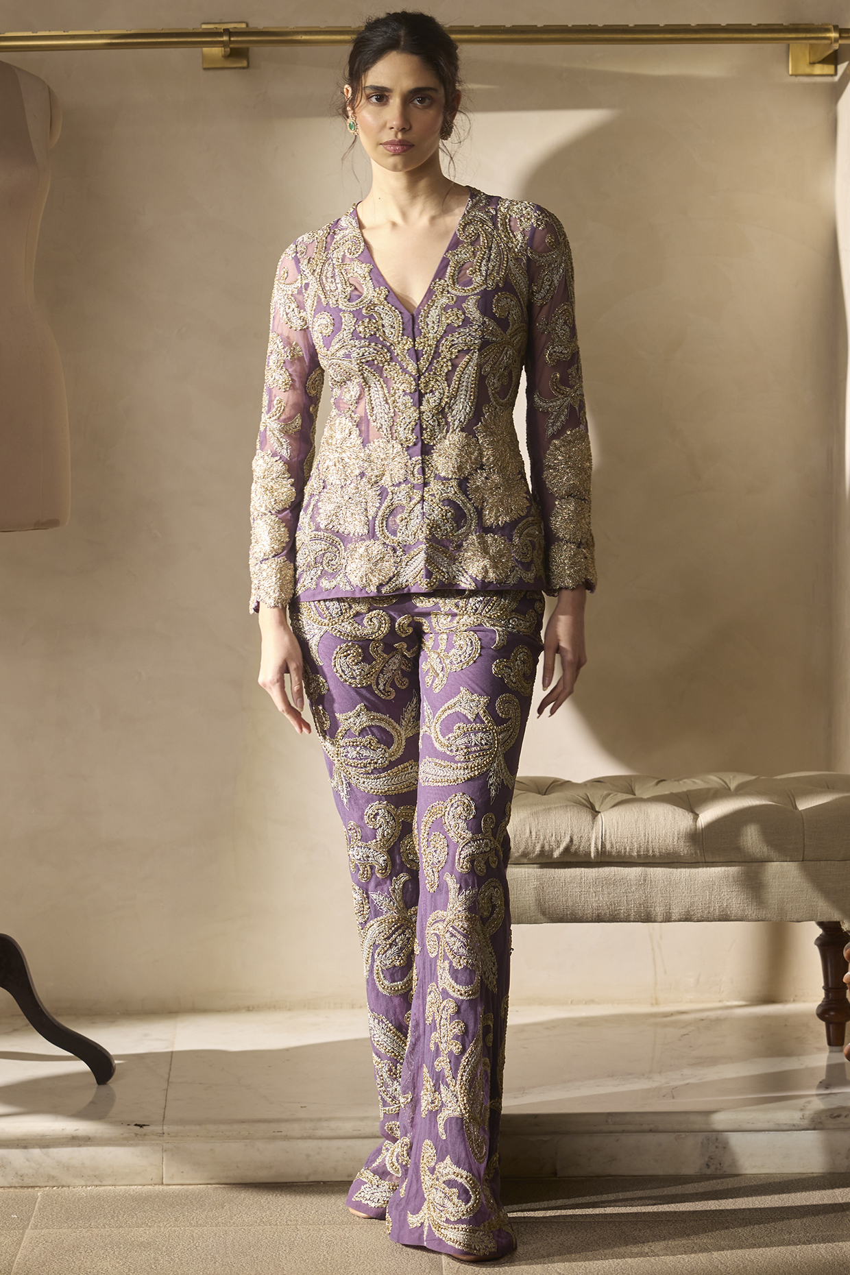 Plum Net Zardosi Embroidered Jacket Set by Bhumika Sharma at Pernia's Pop Up Shop