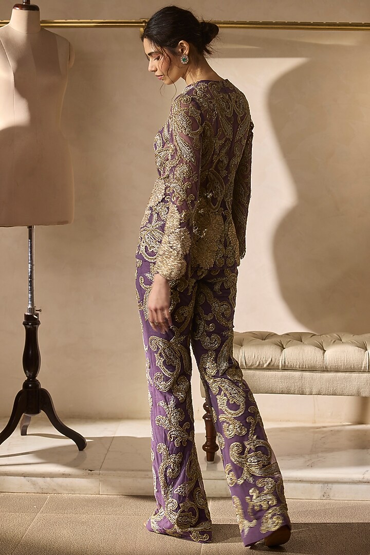 Plum Net Zardosi Embroidered Jacket Set by Bhumika Sharma at Pernia's Pop Up Shop