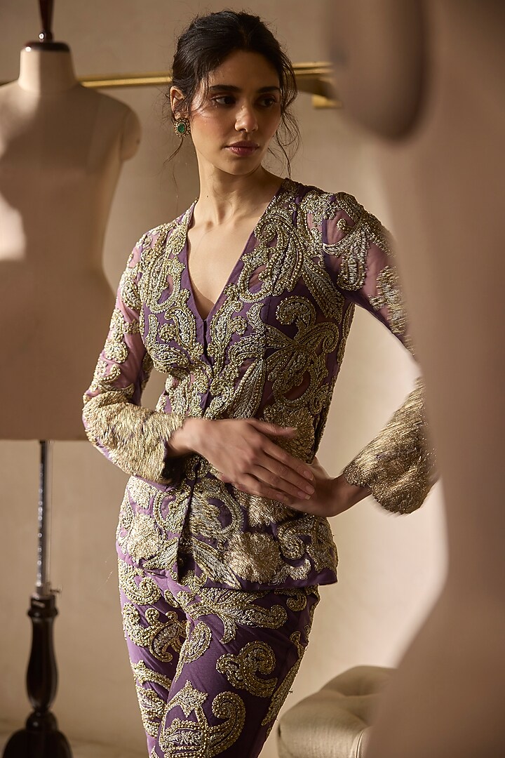 Plum Net Zardosi Embroidered Jacket Set by Bhumika Sharma at Pernia's Pop Up Shop