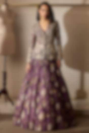 Plum Net & Organza Zardosi Embroidered Jacket Set by Bhumika Sharma at Pernia's Pop Up Shop