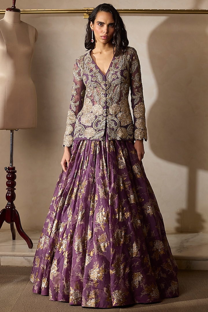 Plum Net & Organza Zardosi Embroidered Jacket Set by Bhumika Sharma at Pernia's Pop Up Shop
